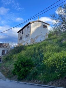 Casa antigua con paredes desgastadas en un terreno cubierto de vegetación