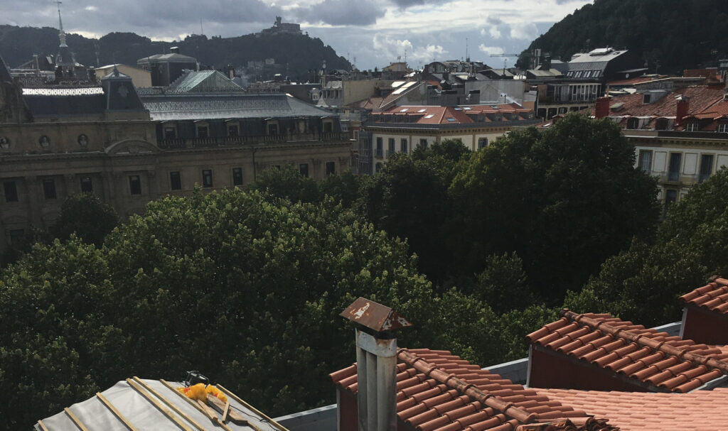 Vista panorámica desde un tejado, mostrando edificios y árboles cercanos
