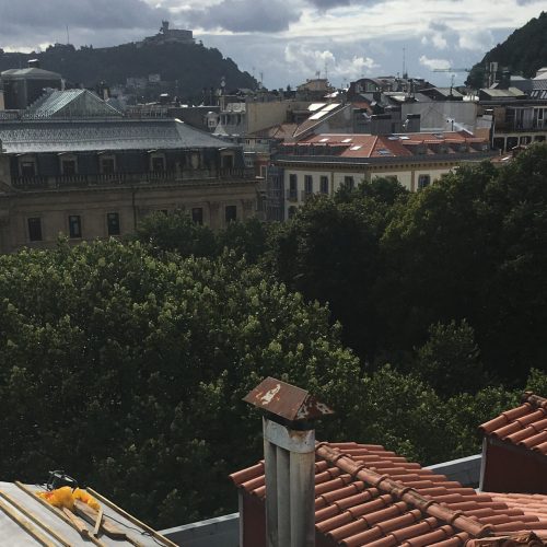 Vista panorámica desde un tejado, mostrando edificios y árboles cercanos